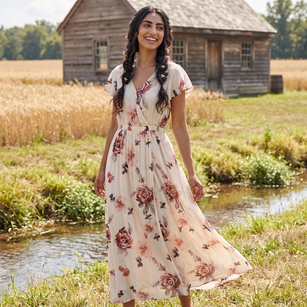 Bohme R67947-2 Maxi Dress Womens M Cream Floral Flutter Sleeve Boho Cottagecore